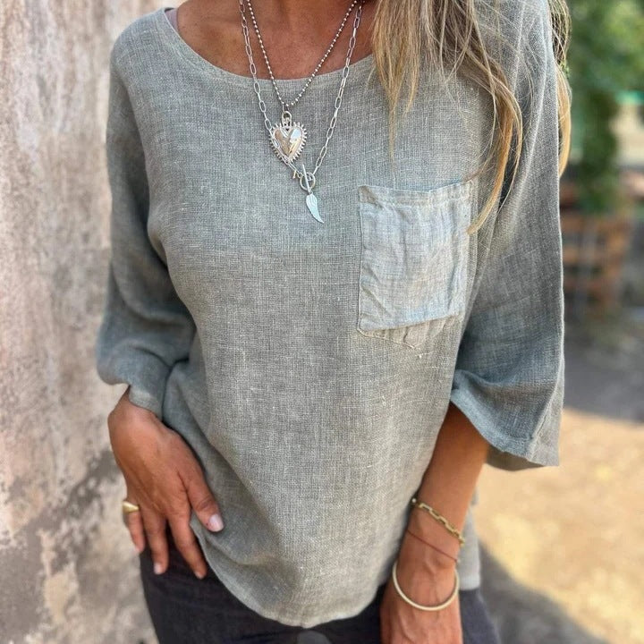 Nadine | Damen 3/4-Arm-Shirt Rundhals mit Brusttasche - Taupe - Image 2