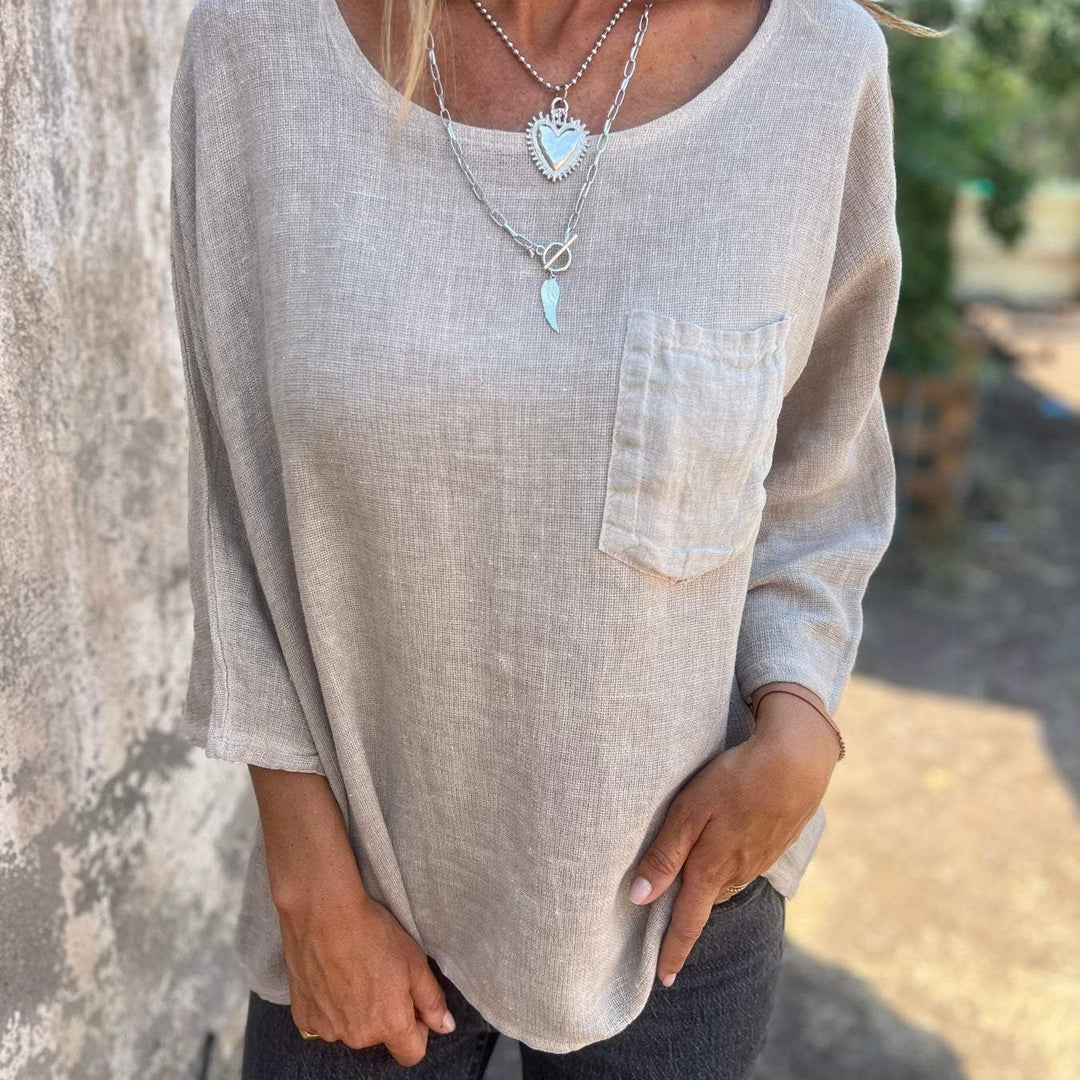 Nadine | Damen 3/4-Arm-Shirt Rundhals mit Brusttasche - Taupe - Image 3