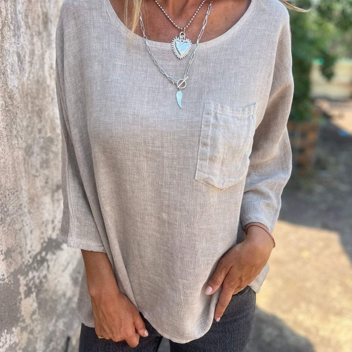 Nadine | Damen 3/4-Arm-Shirt Rundhals mit Brusttasche - Taupe - Image 3