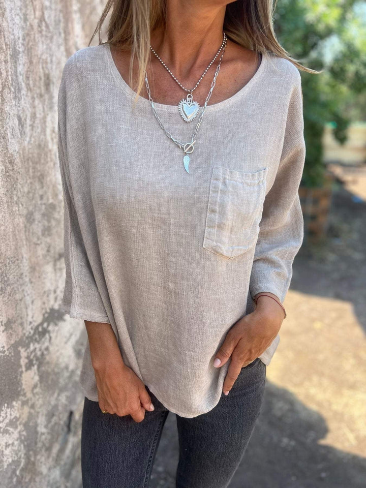 Nadine | Damen 3/4-Arm-Shirt Rundhals mit Brusttasche - Taupe - Image 7