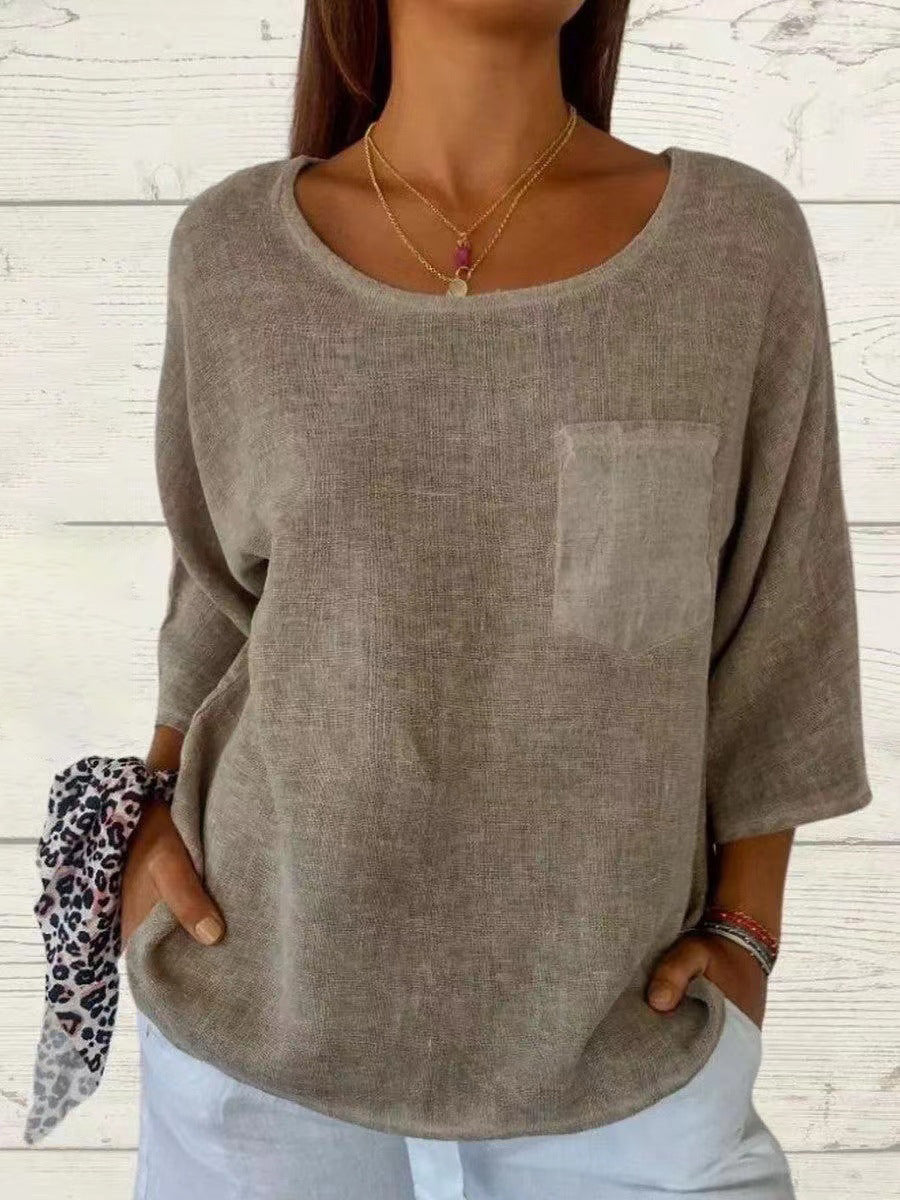Nadine | Damen 3/4-Arm-Shirt Rundhals mit Brusttasche - Taupe - Image 8