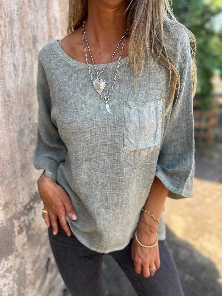 Nadine | Damen 3/4-Arm-Shirt Rundhals mit Brusttasche - Taupe - Image 9