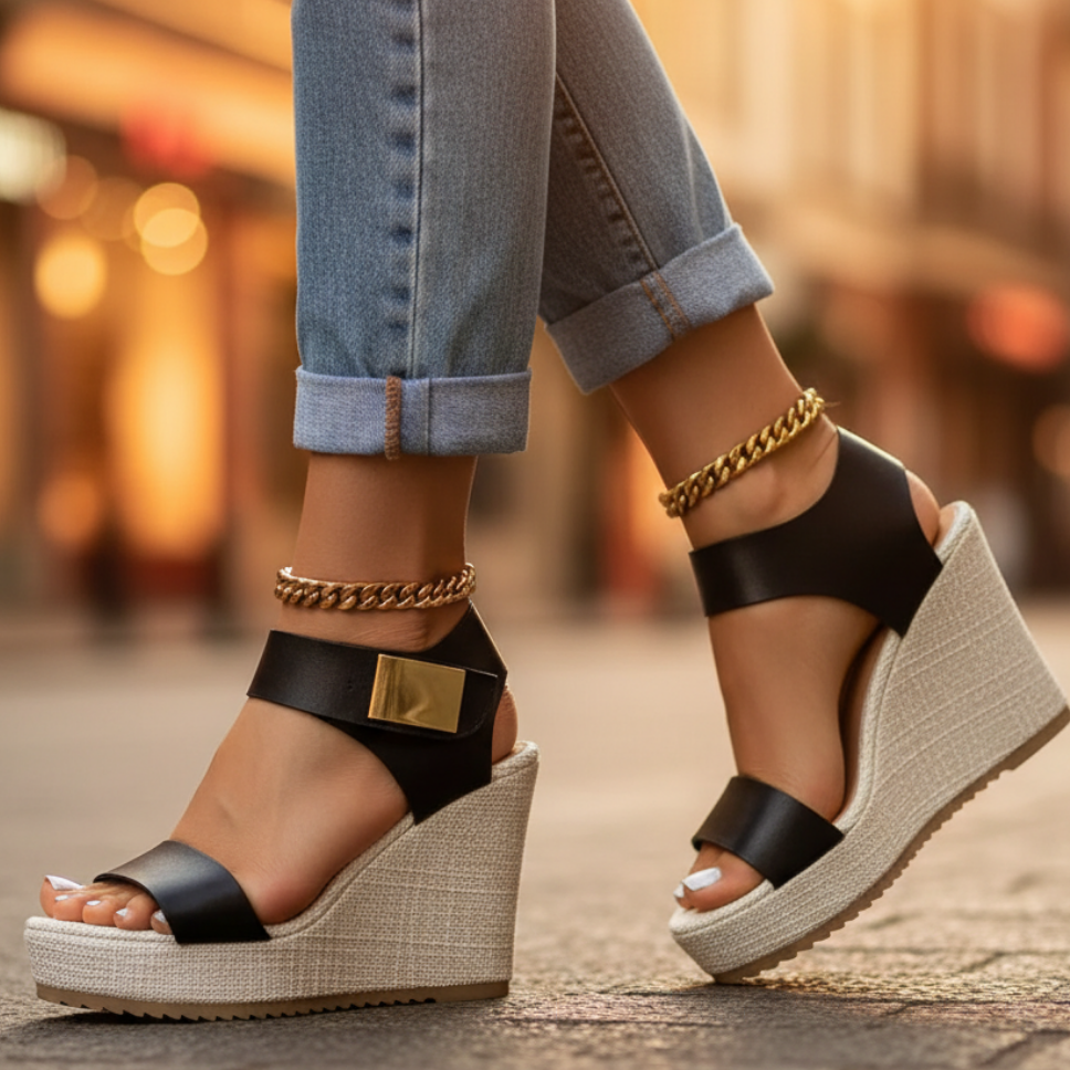 Gisela | Damen Keilsandalen mit Riemchen und Absatz - Black - Image 3