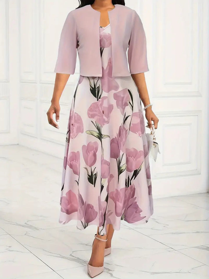 Giselle | Damen Blumenkleid Set mit Jacke - Pink - Image 1