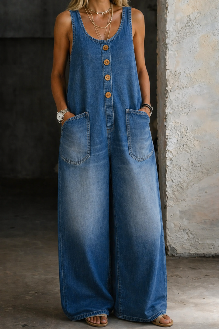 Greta | Damen Ärmellos Overall mit Knöpfen - Blue - Image 1