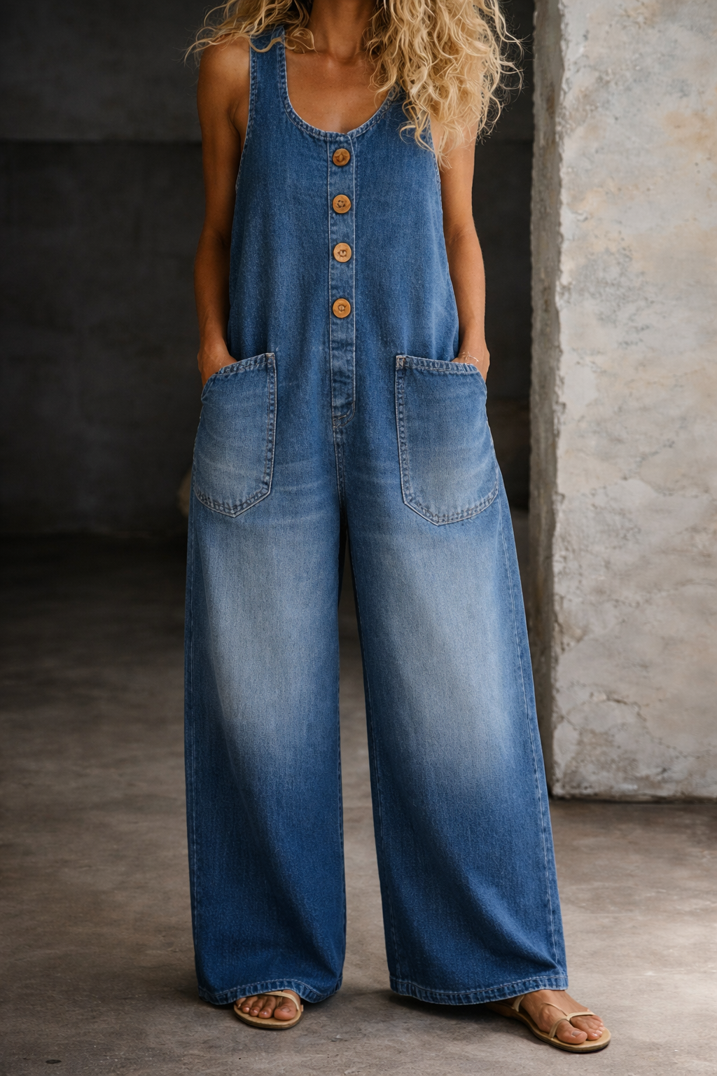 Greta | Damen Ärmellos Overall mit Knöpfen - Blue - Image 2