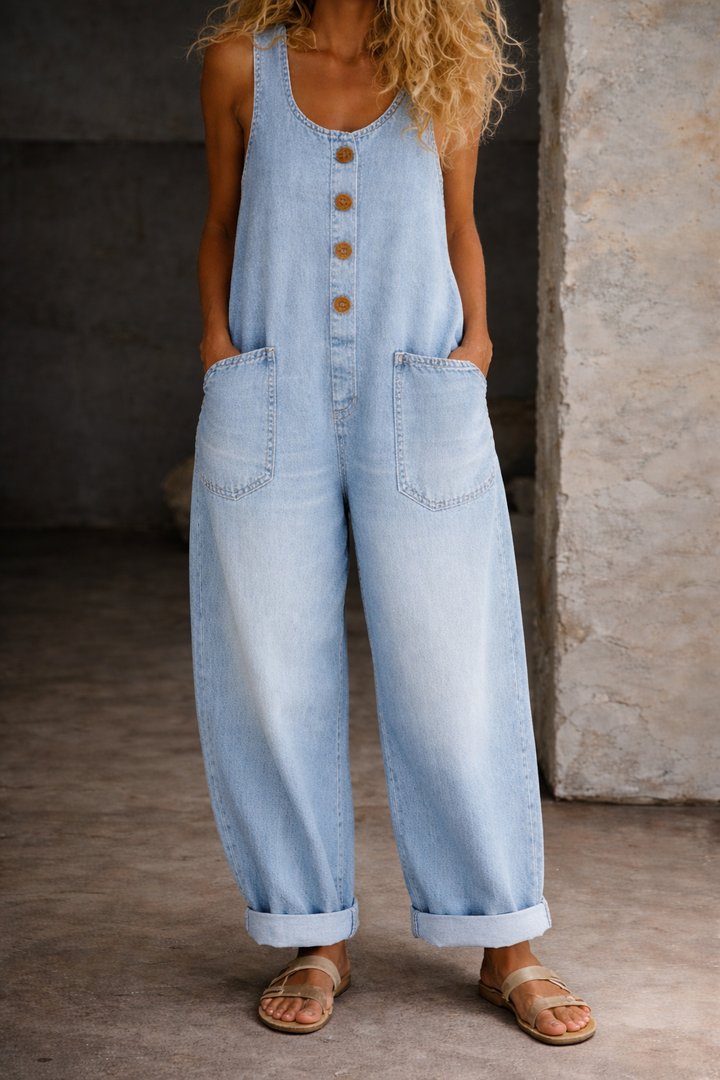 Greta | Damen Ärmellos Overall mit Knöpfen - Blue - Image 6