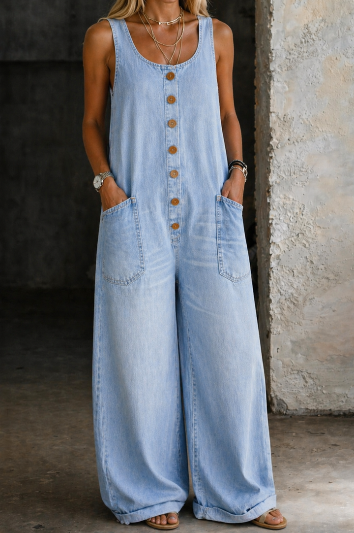 Greta | Damen Ärmellos Overall mit Knöpfen - Blue - Image 9