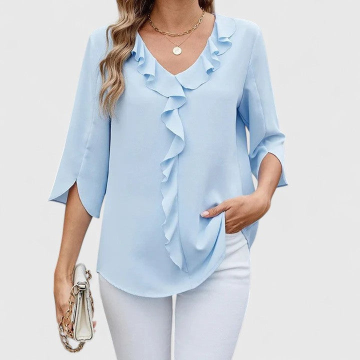 Greta | Damen Rüschenbluse V-Ausschnitt 3/4 Arm - Baby Blue - Image 1