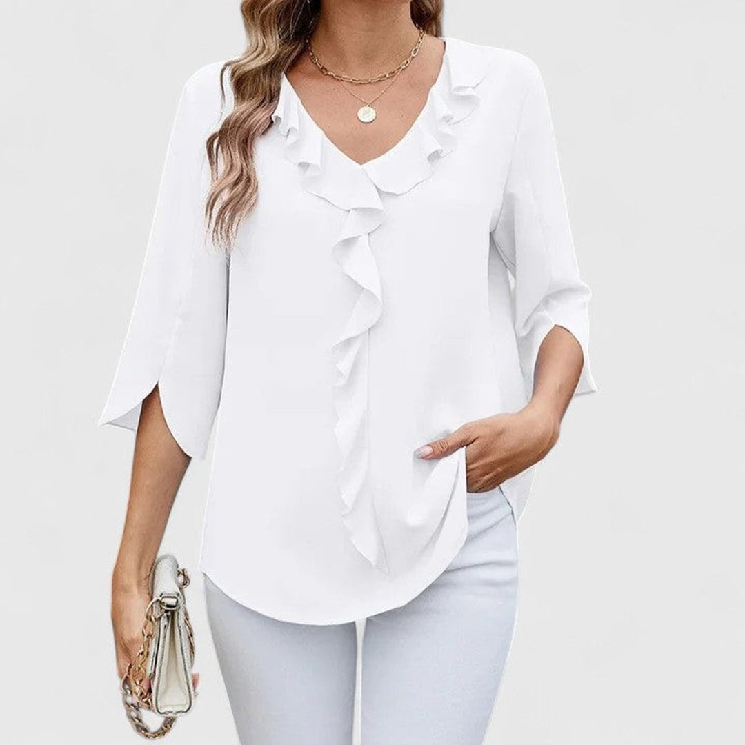 Greta | Damen Rüschenbluse V-Ausschnitt 3/4 Arm - Baby Blue - Image 5
