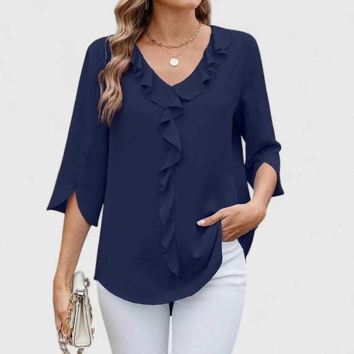 Greta | Damen Rüschenbluse V-Ausschnitt 3/4 Arm - Baby Blue - Image 8