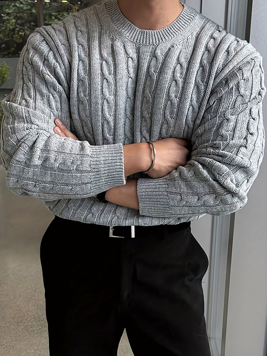 Grimvald | Herren Zopfmuster Strickpullover Rundhals - Navy - Image 10