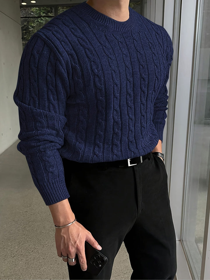 Grimvald | Herren Zopfmuster Strickpullover Rundhals - Navy - Image 4