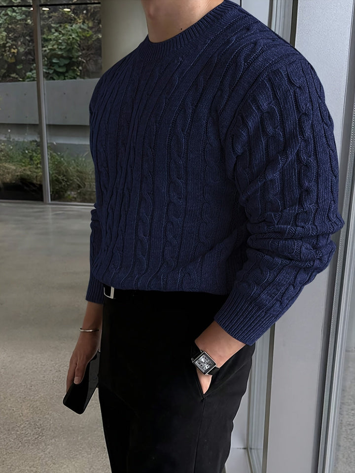 Grimvald | Herren Zopfmuster Strickpullover Rundhals - Navy - Image 5