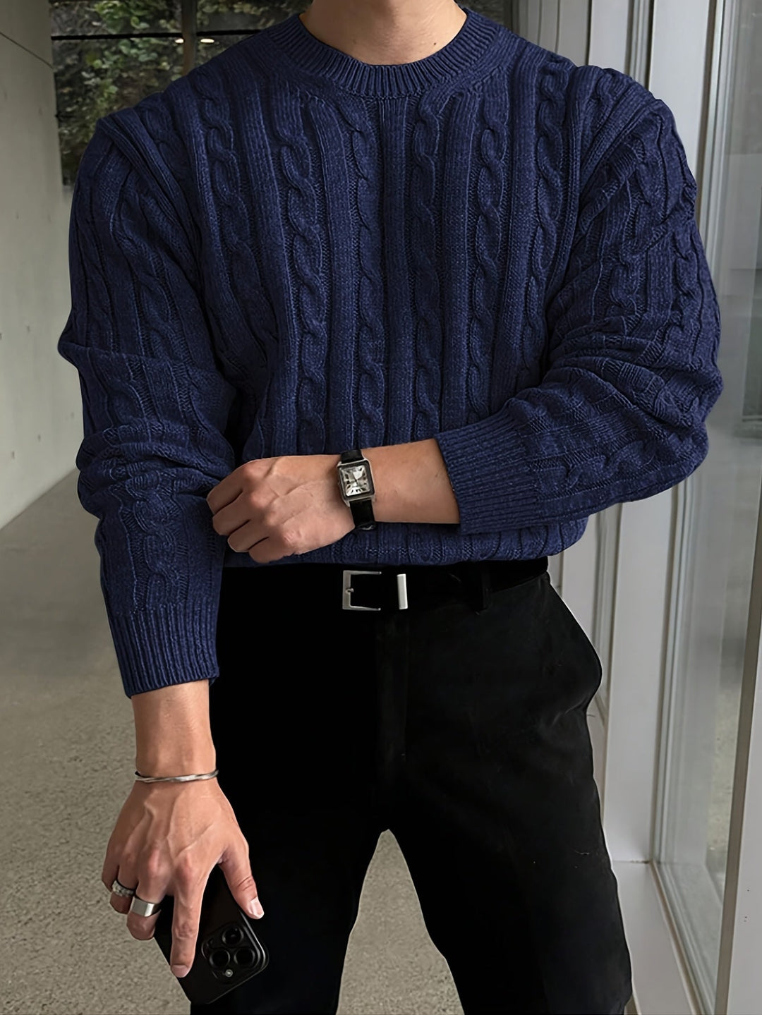 Grimvald | Herren Zopfmuster Strickpullover Rundhals - Navy - Image 6