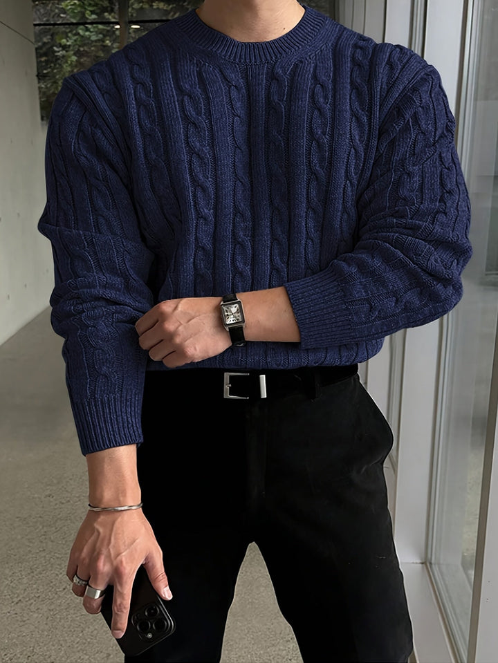 Grimvald | Herren Zopfmuster Strickpullover Rundhals - Navy - Image 6