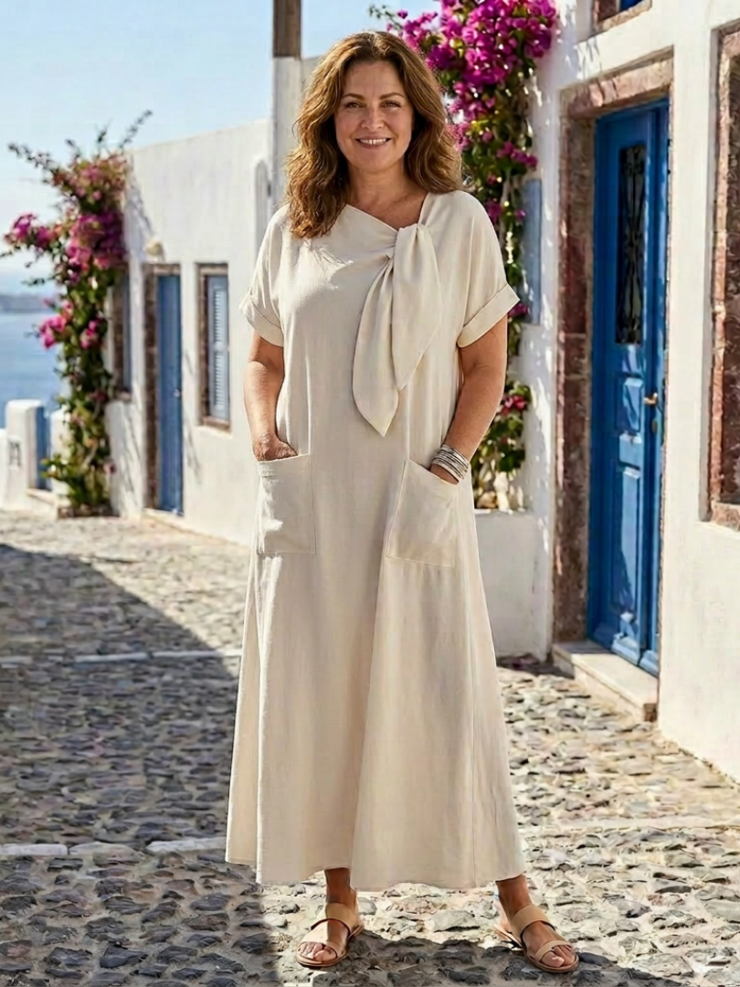 Gundula | Damen Rundausschnitt Kurzarm Maxikleid - Champagne - Image 1