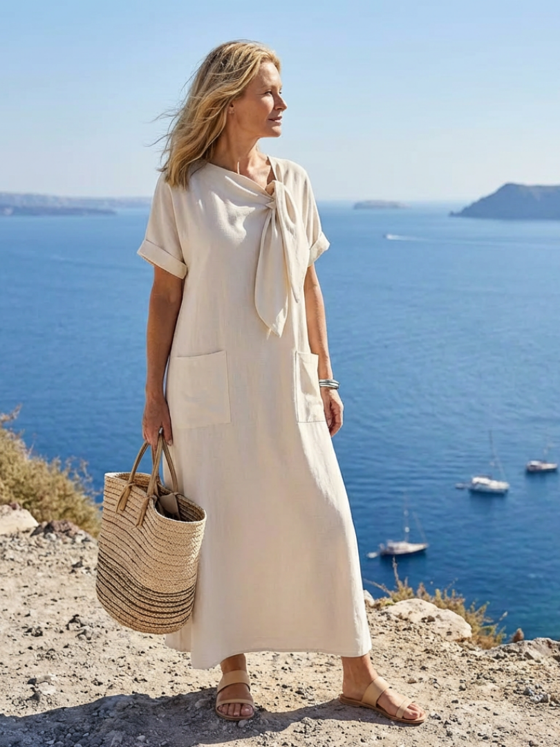 Gundula | Damen Rundausschnitt Kurzarm Maxikleid - Champagne - Image 3
