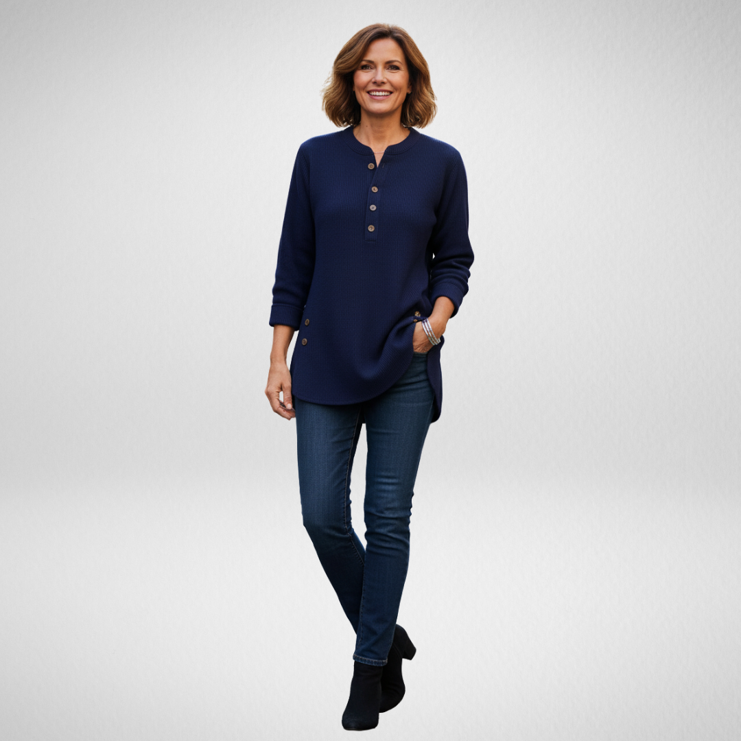 Gunnhild | Damen Pullover Tunika Langarm Henley - Navy - Image 1