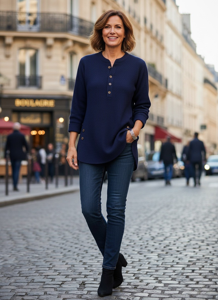 Gunnhild | Damen Pullover Tunika Langarm Henley - Navy - Image 4