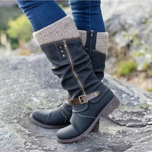 Gunnora | Damen Kniehohe Stiefel mit Strickschaft - Black - Image 1