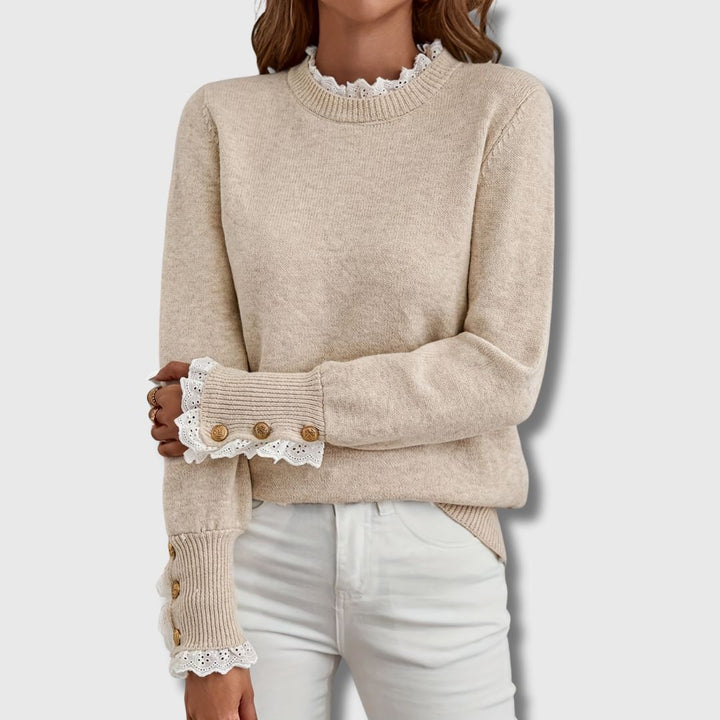 Gwenda | Damen Strickpullover mit Spitze Rundhals - Beige - Image 1