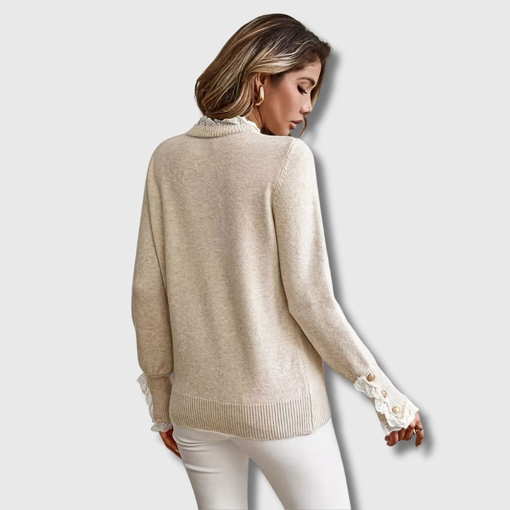Gwenda | Damen Strickpullover mit Spitze Rundhals - Beige - Image 2