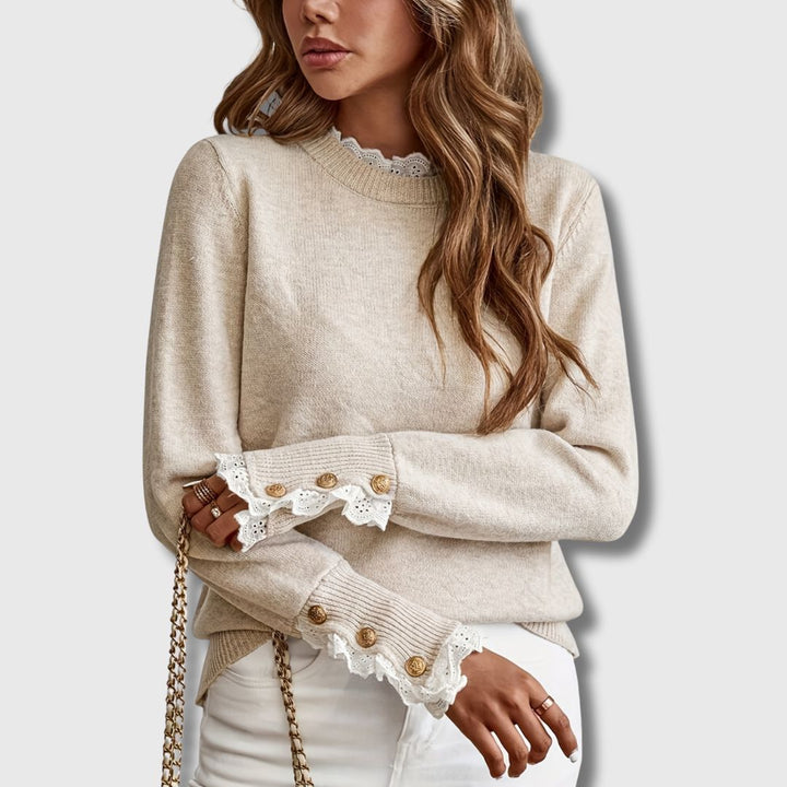 Gwenda | Damen Strickpullover mit Spitze Rundhals - Beige - Image 4