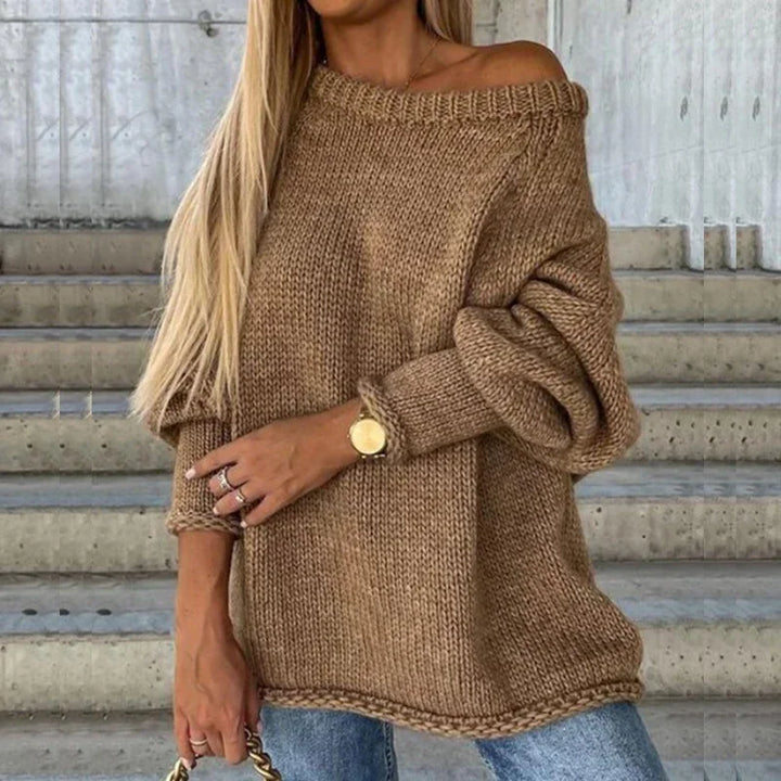 Halvena | Damen Schulterfreier Oversize Strickpullover - Camel - Image 1