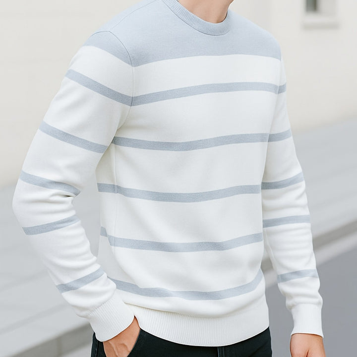 Halvorn | Herren Gestreifter Rundhalspullover Strickpullover - White - Image 1
