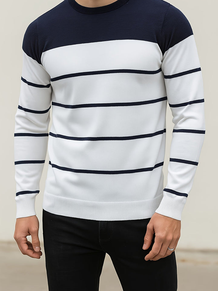 Halvorn | Herren Gestreifter Rundhalspullover Strickpullover - White - Image 12