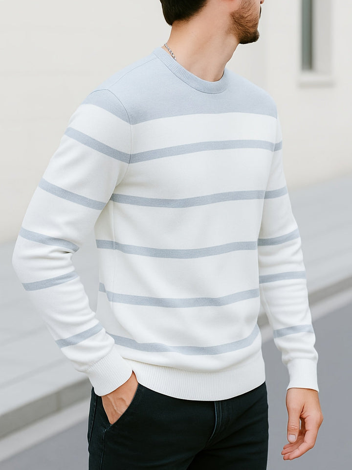 Halvorn | Herren Gestreifter Rundhalspullover Strickpullover - White - Image 2
