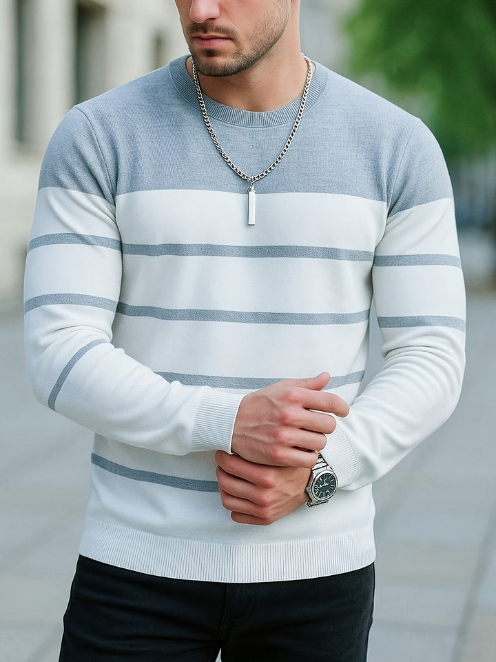 Halvorn | Herren Gestreifter Rundhalspullover Strickpullover - White - Image 3