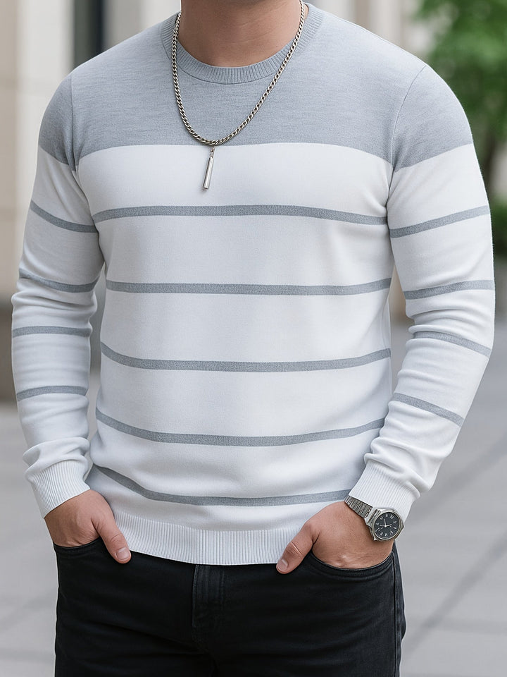 Halvorn | Herren Gestreifter Rundhalspullover Strickpullover - White - Image 5