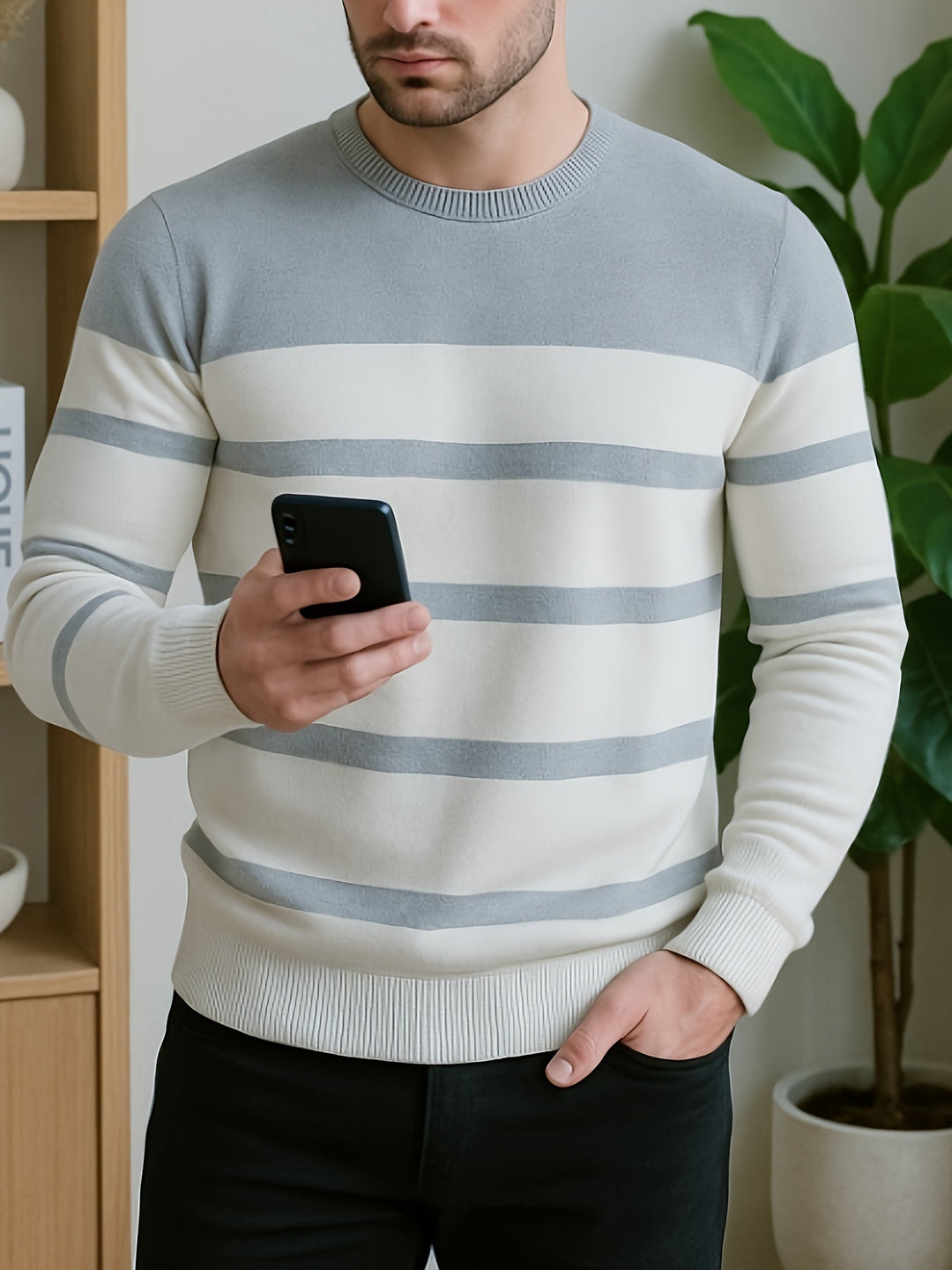 Halvorn | Herren Gestreifter Rundhalspullover Strickpullover - White - Image 6