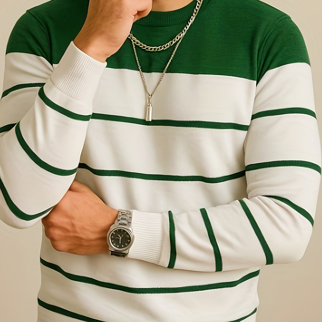 Halvorn | Herren Gestreifter Rundhalspullover Strickpullover - White - Image 7