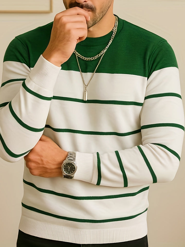 Halvorn | Herren Gestreifter Rundhalspullover Strickpullover - White - Image 9