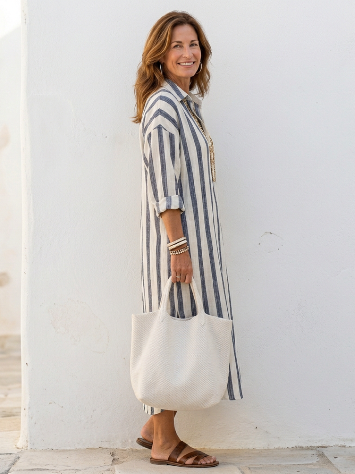 Hannelore | Damen Gestreiftes Langarm Midi Hemdblusenkleid - Striped - Image 2