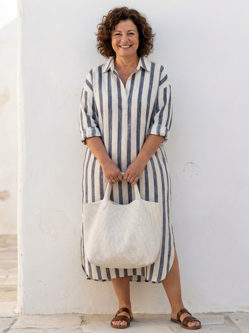 Hannelore | Damen Gestreiftes Langarm Midi Hemdblusenkleid - Striped - Image 3