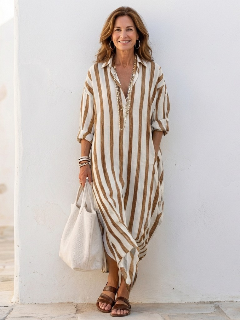 Hannelore | Damen Gestreiftes Langarm Midi Hemdblusenkleid - Striped - Image 7