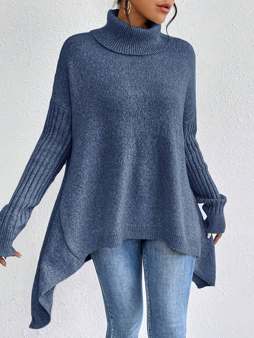 Hedrun | Damen Rollkragenpullover Oversized Strickpullover - Blue - Image 6