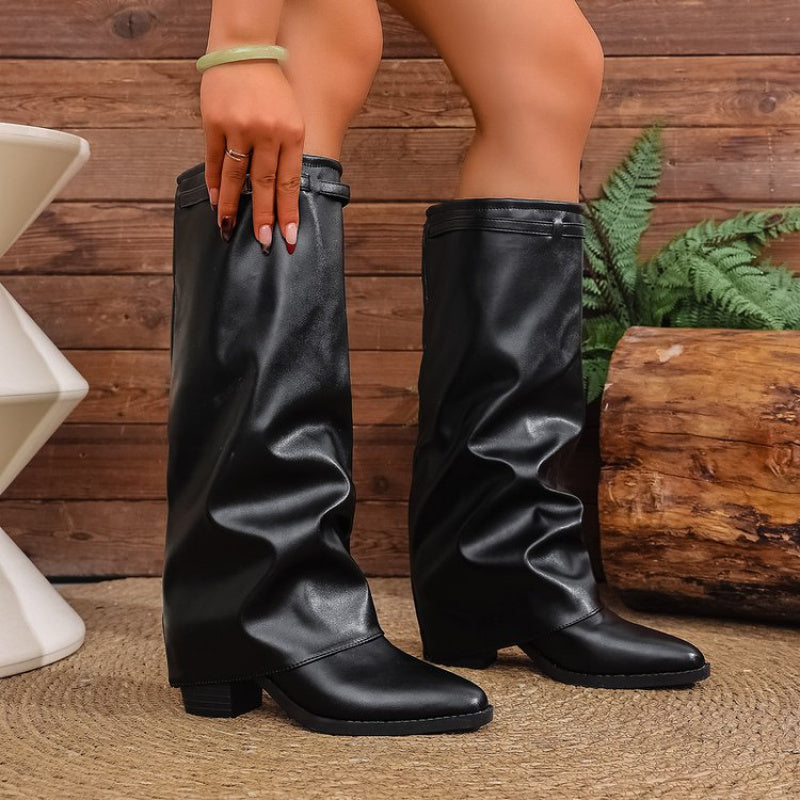 Heidrun | Damen Kniehohe Stiefel Spitze Zehenpartie - Black - Image 3