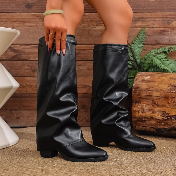 Heidrun | Damen Kniehohe Stiefel Spitze Zehenpartie - Black - Image 3