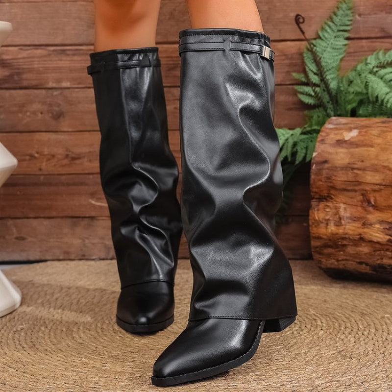Heidrun | Damen Kniehohe Stiefel Spitze Zehenpartie - Black - Image 5