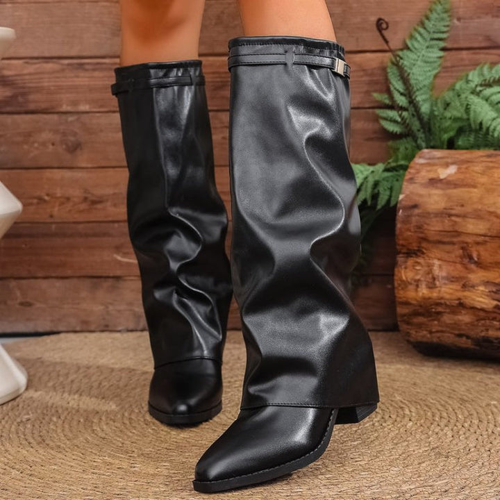 Heidrun | Damen Kniehohe Stiefel Spitze Zehenpartie - Black - Image 5