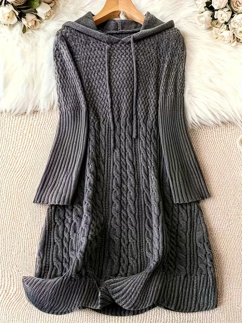 Helwina | Damen Strickkleid mit Kapuze Grobstrick - Dark Grey - Image 1