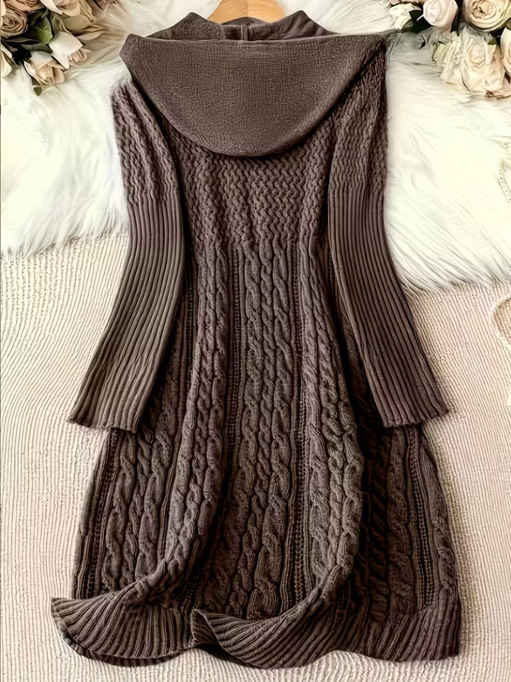 Helwina | Damen Strickkleid mit Kapuze Grobstrick - Dark Grey - Image 4