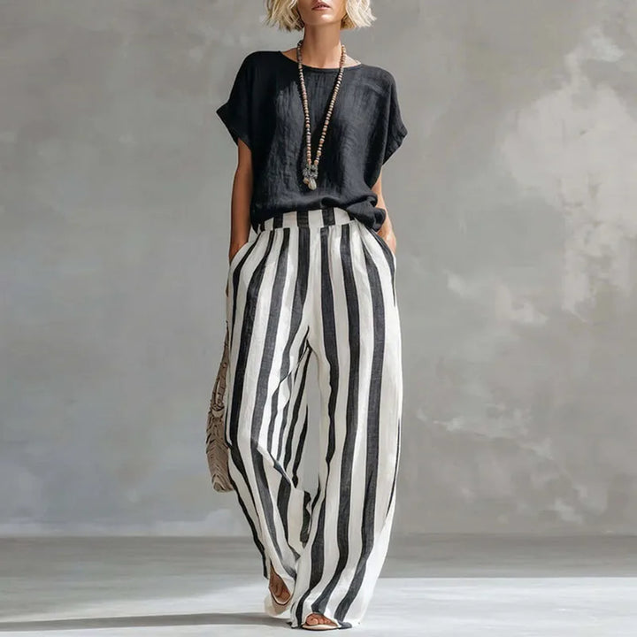 Hermione | Damen Gestreiftes Wide Leg Sommer Set - Striped - Image 2
