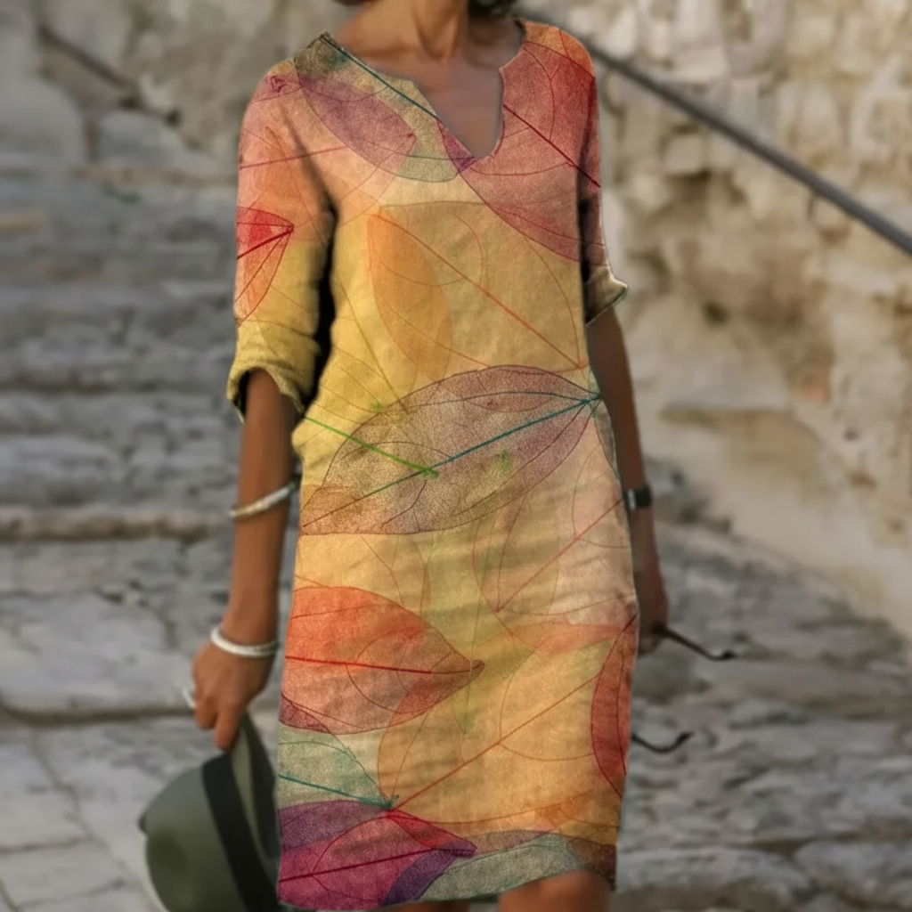 Amber | Damen Midikleid V-Ausschnitt 3/4 Ärmel Blätter Print Bunt
