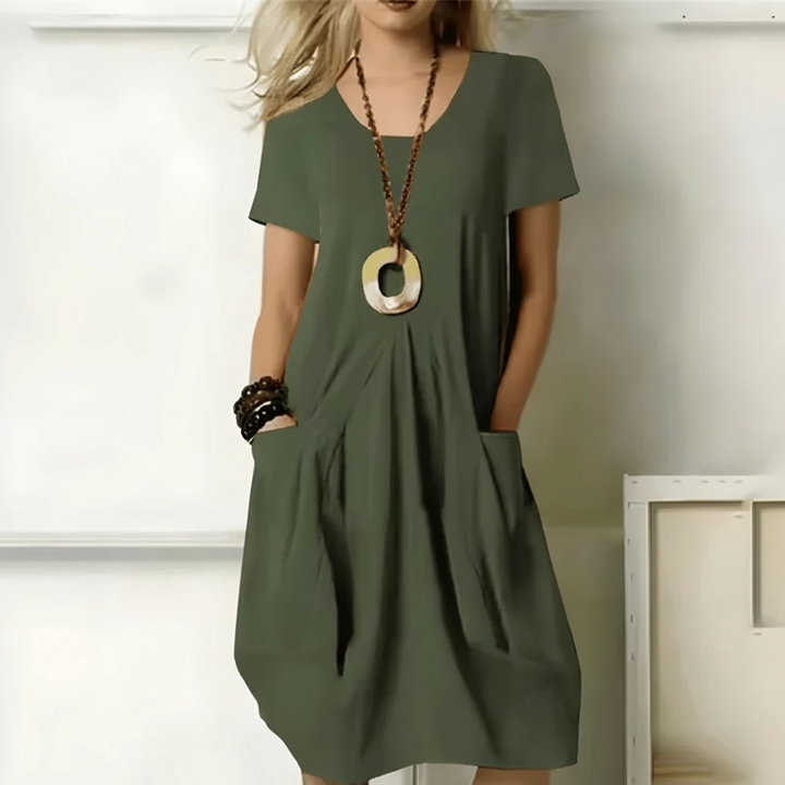 Amore | Damen Sommerkleid V-Ausschnitt Locker Midi Taschen
